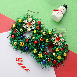 Stone Embellished Tinsel Christmas Wreath Dangle Earrings