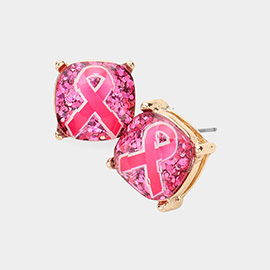 Pink Ribbon Square Stone Stud Earrings
