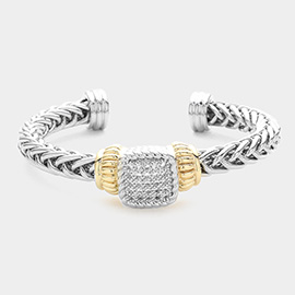 CZ Stone Paved Square Pointed Braided Metal Cuff Bracelet