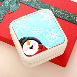 Faux Leather Embossed Snowman Portable Square Jewelry Box