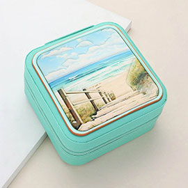 Beach Printed Faux Leather Portable Square Jewelry Box
