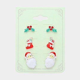 3Pairs - Enamel Christmas Cherry Socks Santa Stud Earring Set