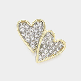 14K Gold Plated CZ Stone Paved Heart Stud Earrings