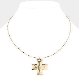 Hammered Metal Cross Pendant Necklace
