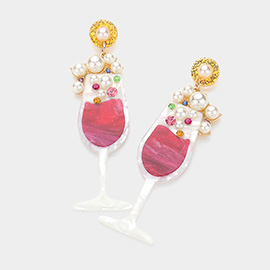 Pearl Glittered Resin Champagne Dangle Earrings