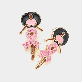 Stone Paved Pink Ribbon Enale Afro Woman Earrings