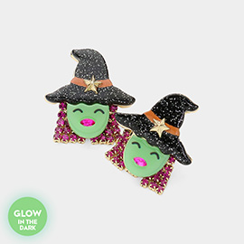 Glow In The Dark Rhinestone Fringe Resin Halloween Witch Earrings