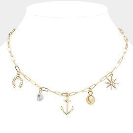 Stone Paved Horseshoe Starburst Metal Anchor Pearl Shell Charm Station Paperclip Chain Necklace
