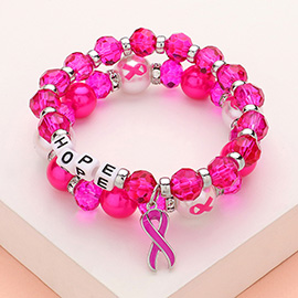 2PCS - HOPE Message Pointed Pink Ribbon Charm Faceted Beaded Stretch Double Layered Bracelets