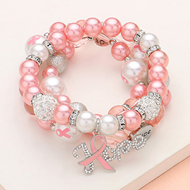 3PCS - Stone Paved Pink Ribbon HOPE Message Charm Chamballa Ball Pointed Pearl Beaded Stretch Multi Layered Bracelets
