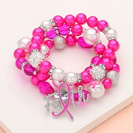 3PCS - Stone Paved Pink Ribbon FAITH Message Charm Chamballa Ball Pointed Pearl Beaded Stretch Multi Layered Bracelets