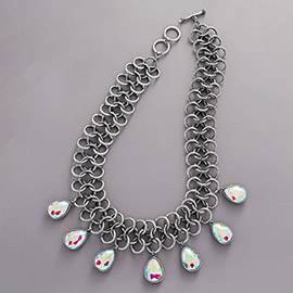 Teardrop Stone Cluster Embellished Chunky Chain Toggle Necklace