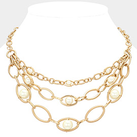 Pearl Pointed Open Oval Metal Link Layered Necklace