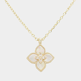 14K Gold Plated CZ Stone Pointed Mother Of Pearl Clover Pendant Necklace