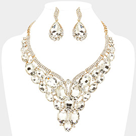 Oval Glass Stone Cluster Embellished Evening Necklace