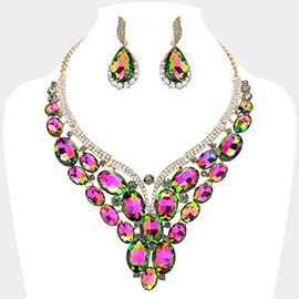 Oval Glass Stone Cluster Embellished Evening Necklace