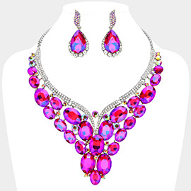 Oval Glass Stone Cluster Embellished Evening Necklace