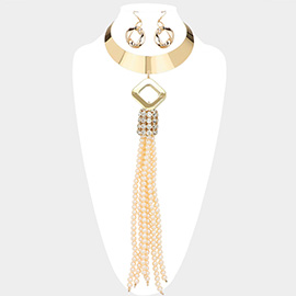 Oversized Pearl Tassel Pointed Metal Plate Statement Necklace
