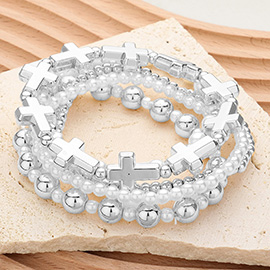 5PCS - Metal Cross Pearl Beaded Stretch Multi Layered Bracelets