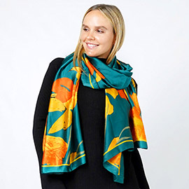 Flower Print Satin Oblong Scarf