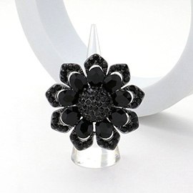 Oval Glass Stone Embellished Rhinestone Paved Flower Stretch Ring