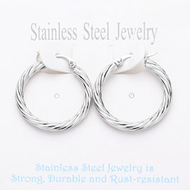 Textured Stainless Steel Hoop Pin Catch Earrings