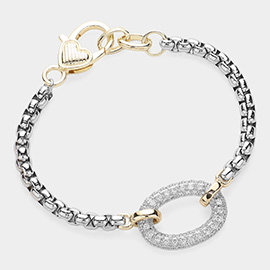 Two Tone CZ Stone Paved Open Oval Charm Bracelet