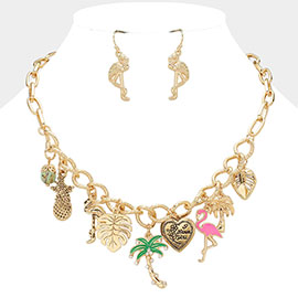 Palm Tree Pineapple Tropical Leaf Flamingo Heart Chunky Necklace