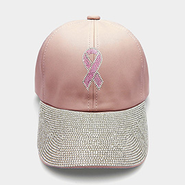 Pink Ribbon Accented Rhinestone Embellished Baseball Cap