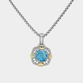 14K Gold Plated Two Tone Cushion Cut Stone Pendant Necklace