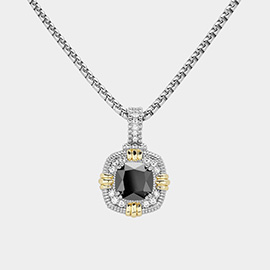 14K Gold Plated Two Tone Cushion Cut Stone Pendant Necklace