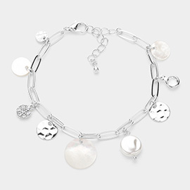 Mother Of Pearl Disc Metal Disc Charm Paper Clip Chain Bracelet