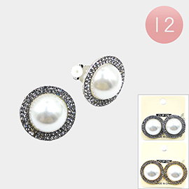 12Pairs - Pearl Pointed Stone Paved Rim Clip On Earrings