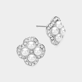 Pearl Stone Embellished Quatrefoil Stud Earrings