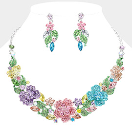 Rhinestone Paved Flower Embellished Evening Necklace