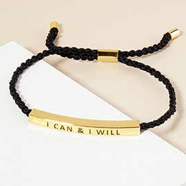 Gold Dipped I CAN I WILL Message Bar Pointed Rope Adjustable Cinch Pull Tie Bracelet