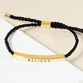 Gold Dipped BELIEVE Message Bar Pointed Rope Adjustable Cinch Pull Tie Bracelet