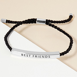 White Gold Dipped BEST FRIENDS Message Bar Pointed Rope Adjustable Cinch Pull Tie Bracelet