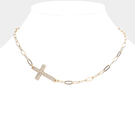 Stone Paved Cross Pendant Pointed Paperclip Chain Necklace