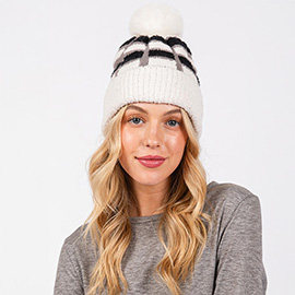 Cozy Color Blocked Pom Pom Beanie Hat