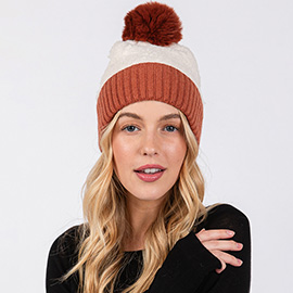 Two Tone Fleeced Pom Pom Beanie Hat