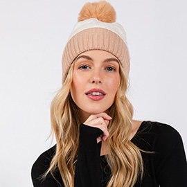 Two Tone Fleeced Pom Pom Beanie Hat