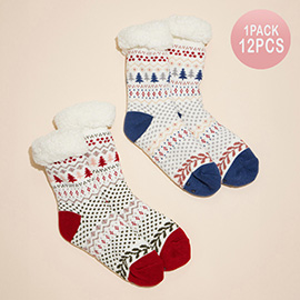 12PAIRS - Fuzzy Sherpa Cuff Christmas Pattern Socks