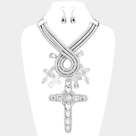 Oversized Stone Embellished Cross Pendant Accented Abstract Metal Wire Statement Necklace