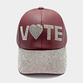 Faux Leather Vote Message Rhinestone Embellished Baseball Cap