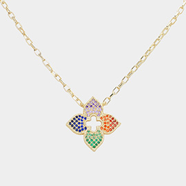 14K Gold Plated CZ Stone Paved Quatrefoil Pendant Necklace