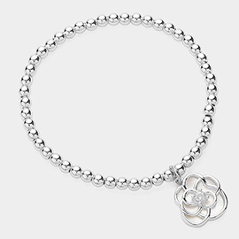 Stone Pointed Rose Charm Stainless Steel Ball Beaded Stretch Bracelet