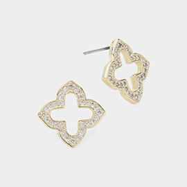 14K Gold Plated CZ Stone Paved Quatrefoil Stud Earrings