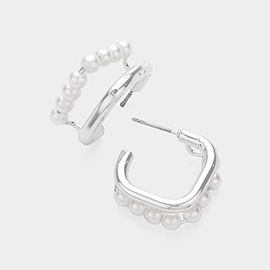 Pearl Paved Pointed Square Split Hoop Earrings