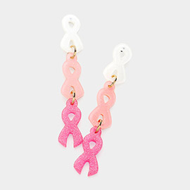 Glittered Triple Pink Ribbon Dangle Earrings